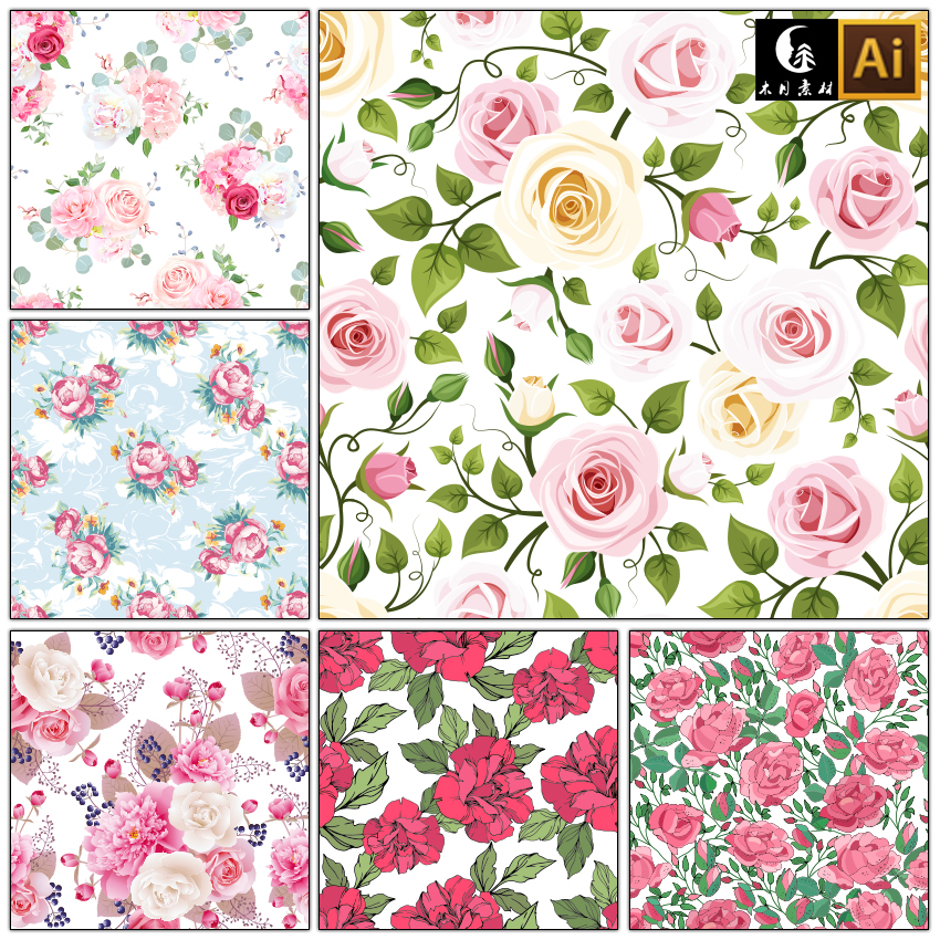 粉红玫瑰花朵花卉包装四方无缝链接印花图案矢量图片设计素材
