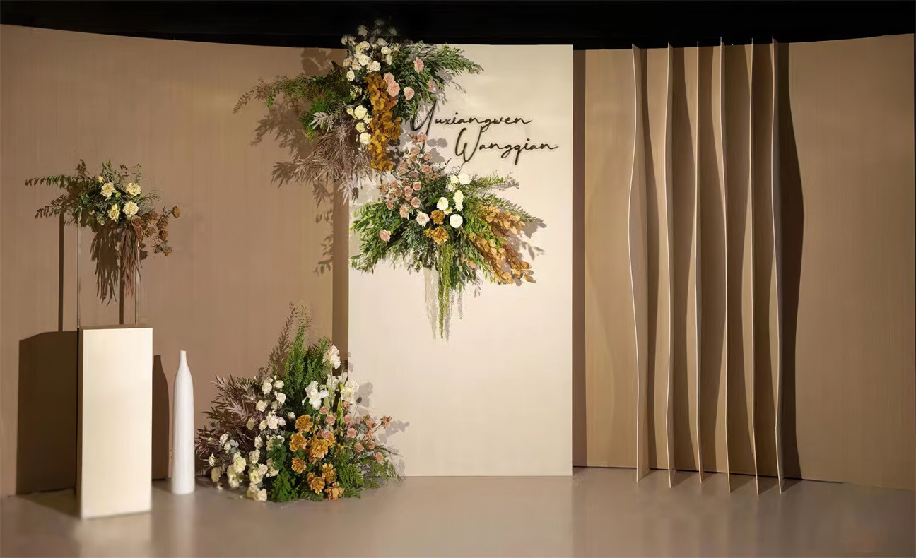 白色香槟色弧形背景清新简约高端唯美小众婚礼效果图设计素材矢量