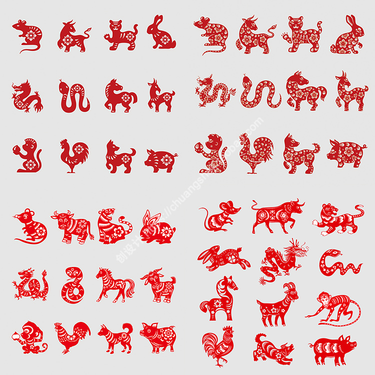12生肖剪纸图案 创意中国风传统动物窗花 AI格式矢量设计素材