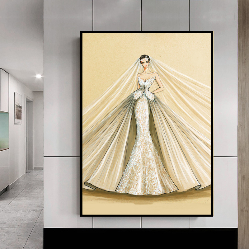 婚纱橱窗挂画秀禾服装饰画服装店中式欧式人物墙画时尚女装店壁画