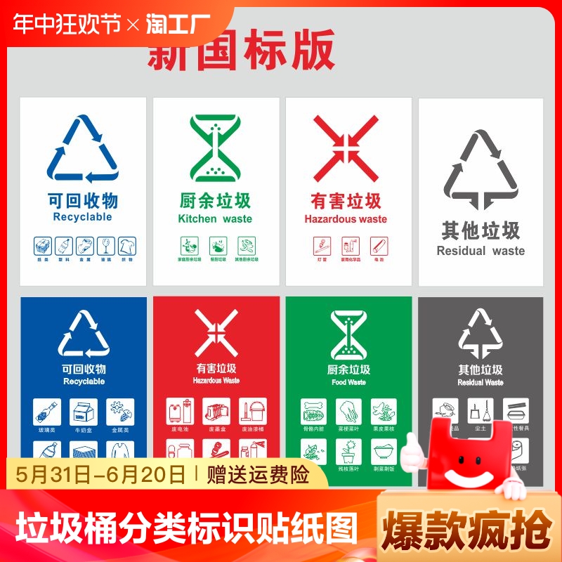 垃圾桶分类标识贴纸国标北京上海杭州武汉西安不可回收有害厨余干湿其它其余生活图环卫标签指示标志牌防水