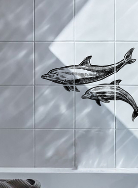 Funlife海洋生物黑白复古素描瓷砖贴纸厨房创意装饰墙贴防水防油