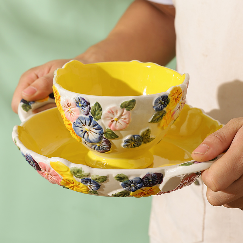 陶瓷汤碗釉下彩浮雕手绘米饭碗面碗水果出口手工沙拉碗碟套装家用