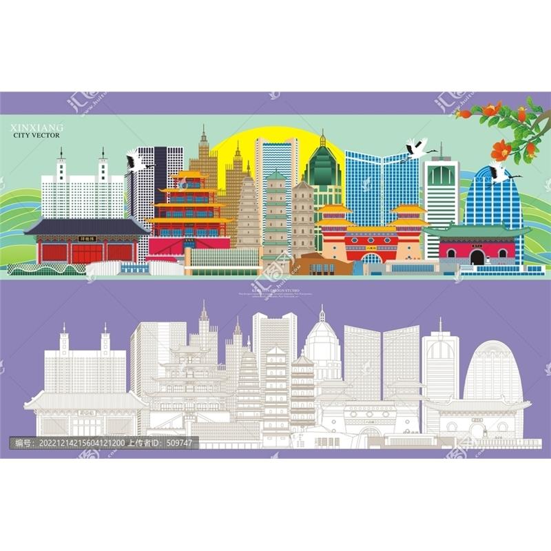 D263河南新乡市AI矢量地标旅游建筑海报设计线稿城市剪影手绘插画