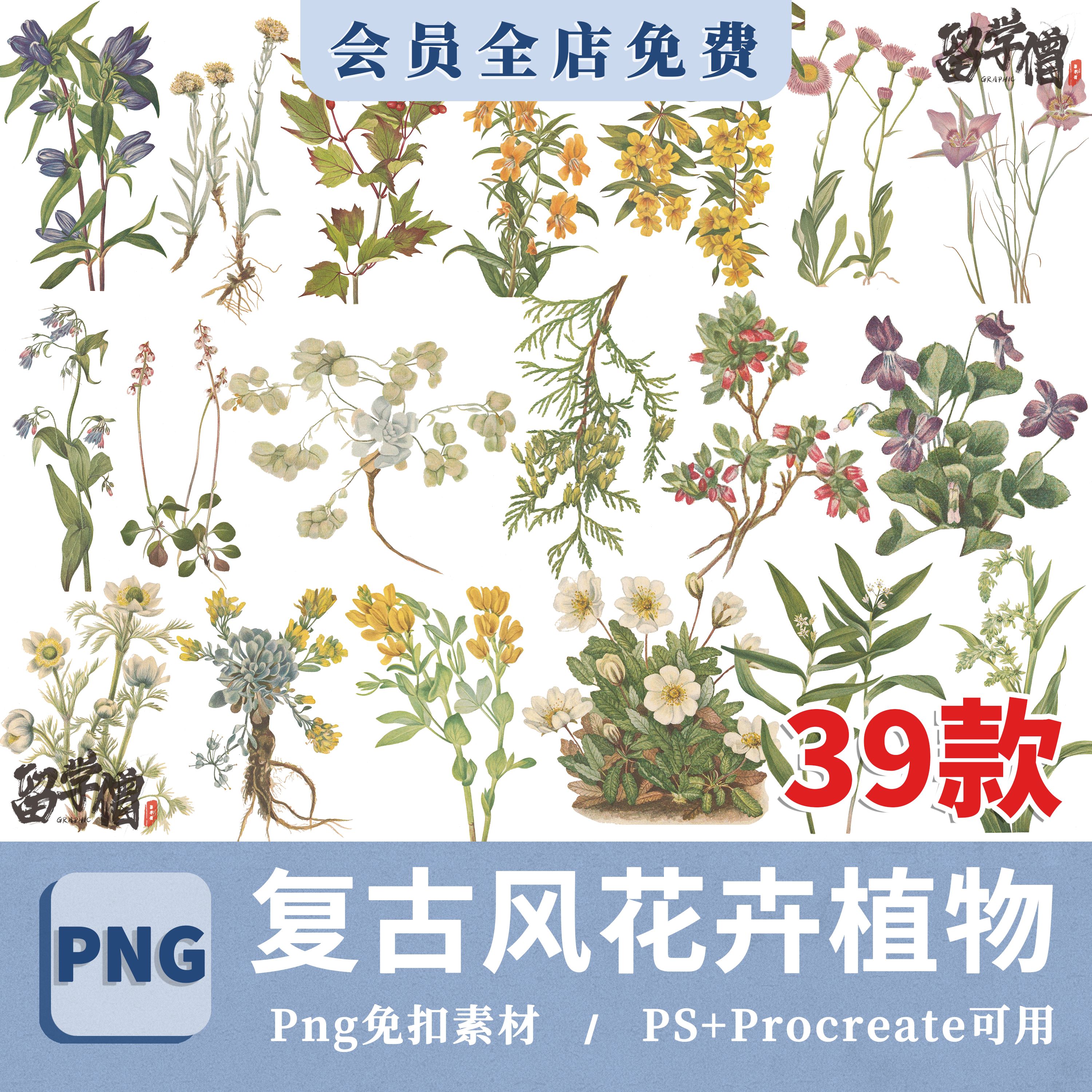 复古风植物花卉高清png免抠中国风景观建筑效果图拼贴ps配景素材