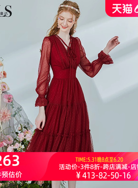 艾丽丝红色连衣裙2023冬季新款蕾丝长袖修身中长款公主裙新年战袍
