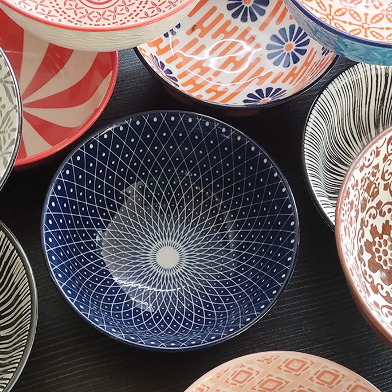 4.5寸面碗美式外贸风情陶瓷碗个性民族风机印图案 浮雕外表米饭碗