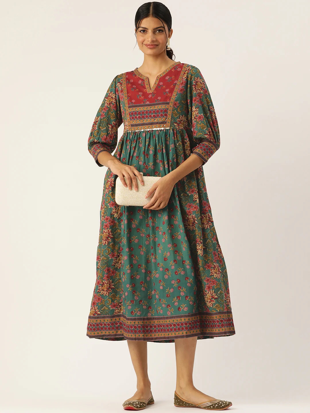 印度进口连衣裙纯棉印花气质复古度假裙高腰中长款套头七分袖薄款