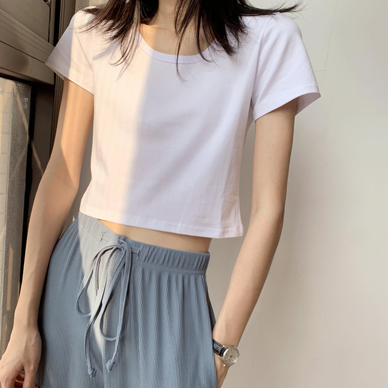 女夏韩版纯白色内搭打底上衣短款修身短袖T恤2021年新款少女露脐