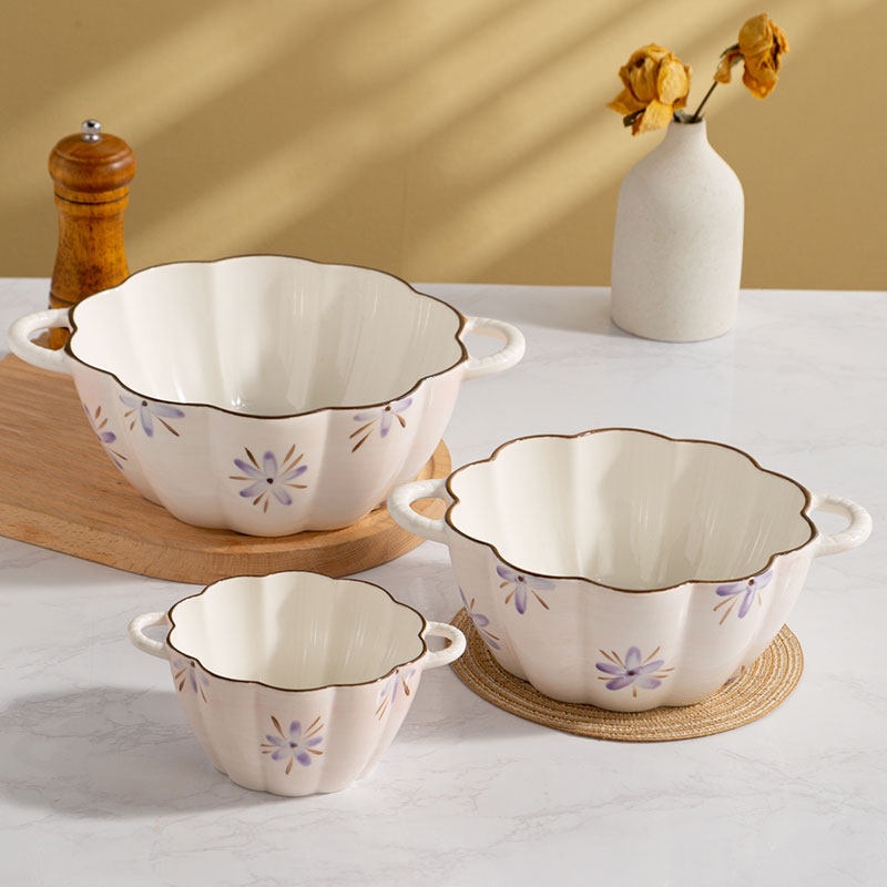 紫风铃花双耳汤碗家用陶瓷大碗特别好看的螺蛳粉专用碗高颜值餐具