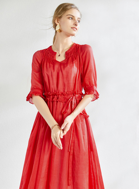 漂亮苎麻连衣裙大红色女高端夏天新款长款显身材麻料长裙子气质款