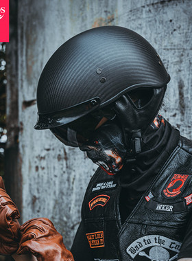 VCOROS碳纤维头盔男摩托车复古半盔女士夏季机车骑行瓢盔3C认证