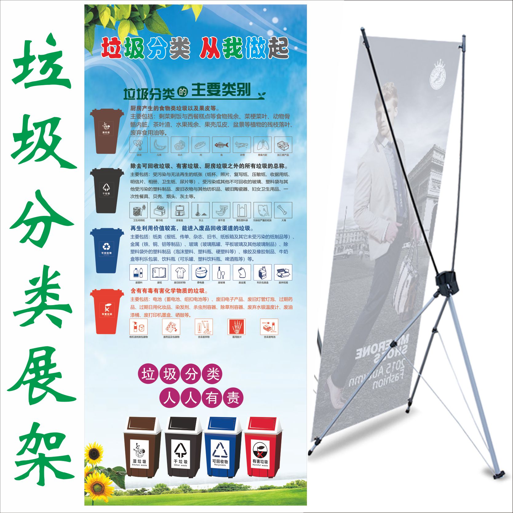 上海干湿垃圾分类宣传海报挂图环境保护易拉宝流程图环保X展架