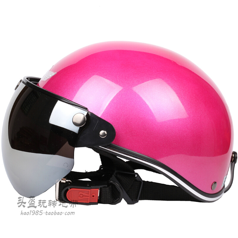 。台湾EVO纯桃红色哈雷电动摩托车头盔男女通用防晒紫外线夏四季