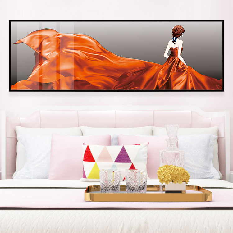 现代轻奢橙红色美女装饰画时尚长幅横版背影晶瓷画主卧室床头挂画