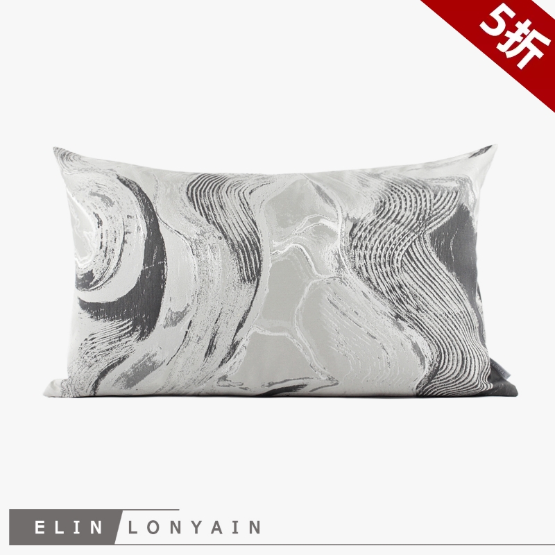 ELIN水墨灰色抽象图案靠垫抱枕样板房售楼会所现代新中式轻奢腰枕