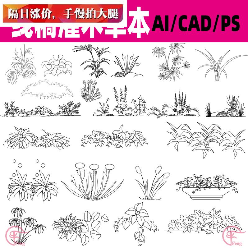 7矢量AI黑白手绘线稿风灌木草本花卉立面平面图PS建筑景观素材CAD