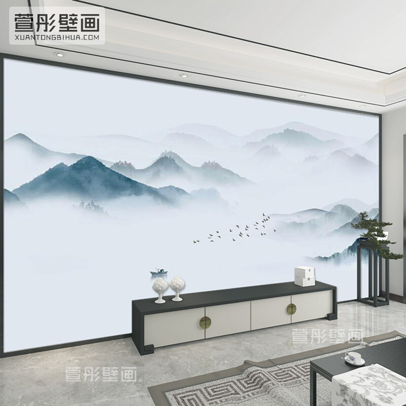 2023年新款中式素色意境山水电视背景墙壁纸客厅沙发壁画墙纸壁布
