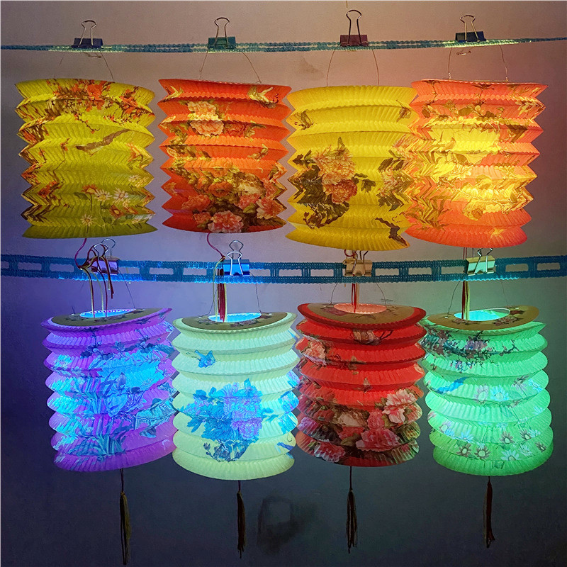 元旦节庆供应儿童手提传统风琴可折叠12CM花草纸灯笼电子发光彩灯
