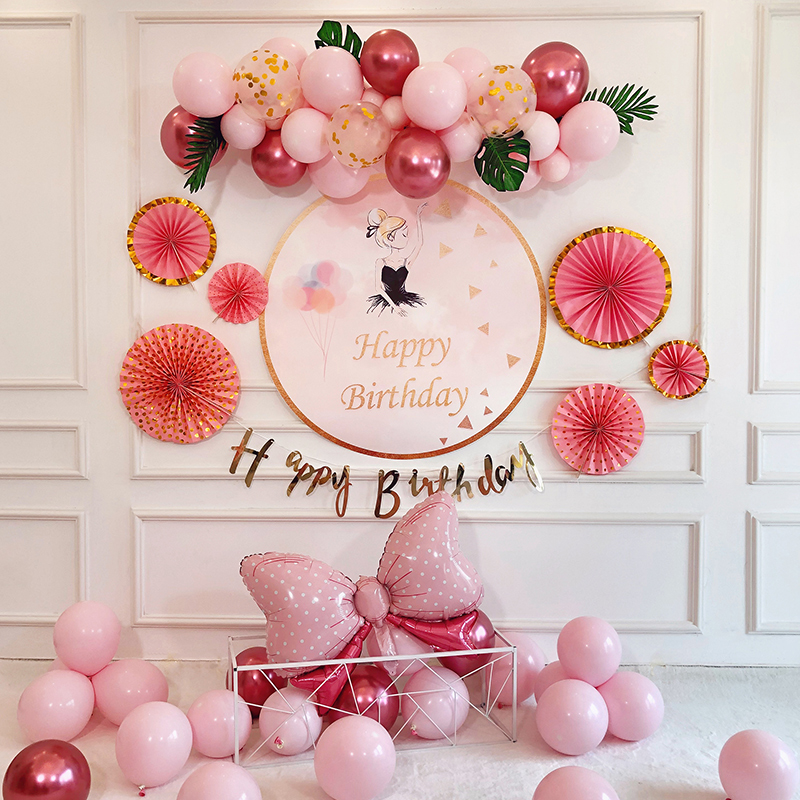 儿童生日装饰布置粉色气球海报定制名字简单款三岁女孩派对背景墙