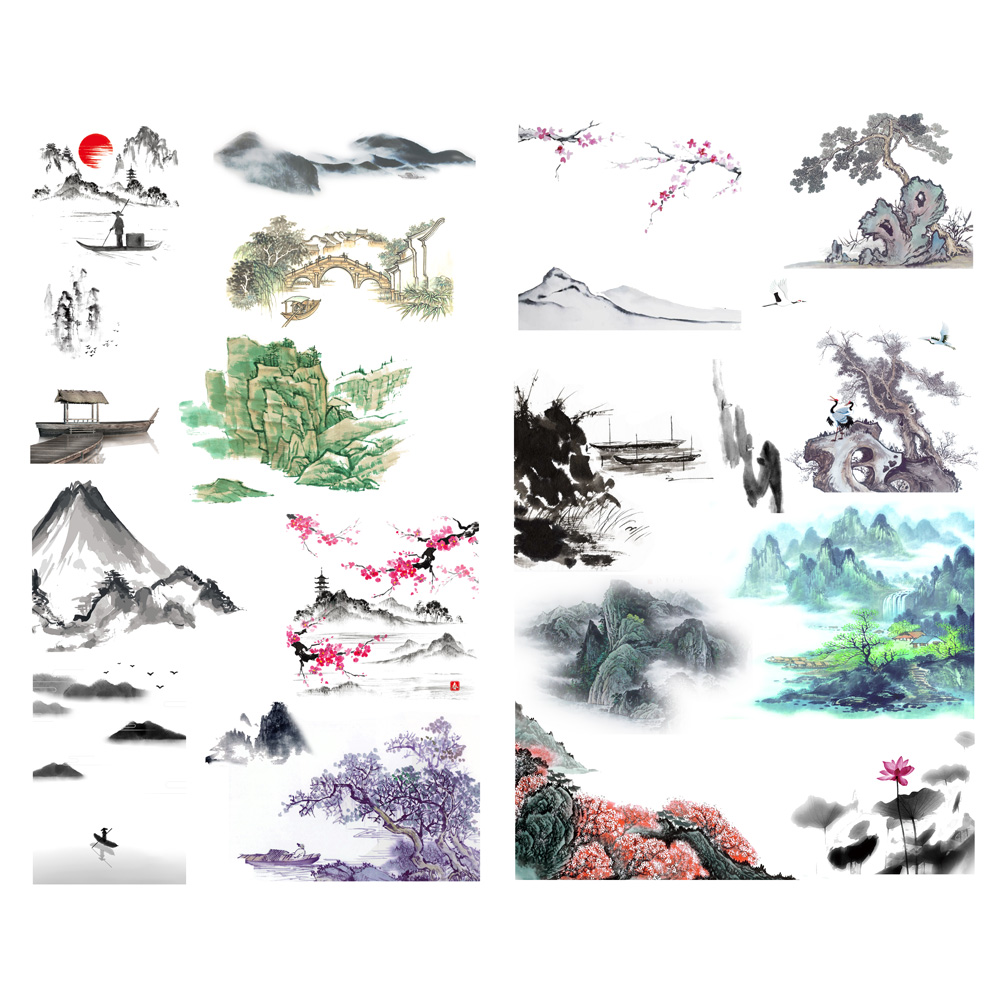 【已裁剪】中国古代水墨山水风景和纸手帐素材小贴纸手账贴画
