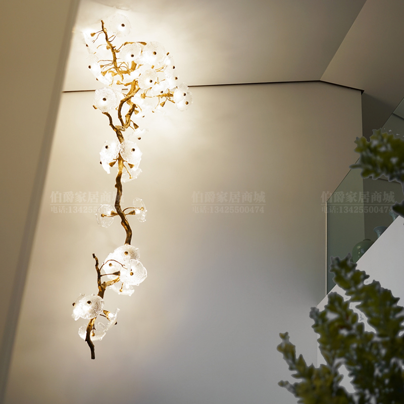 轻奢全铜树枝吊灯酒店别墅楼梯餐厅设计感艺术造型荷叶玻璃工程灯