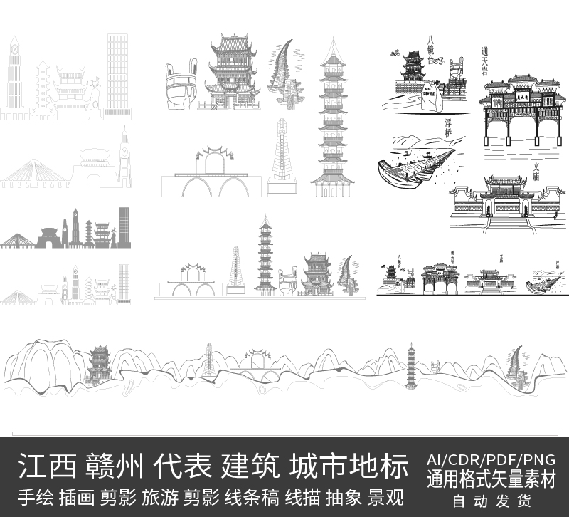 赣州江西城市景点设计地标插画手绘旅游剪影建筑天际线条描稿素材