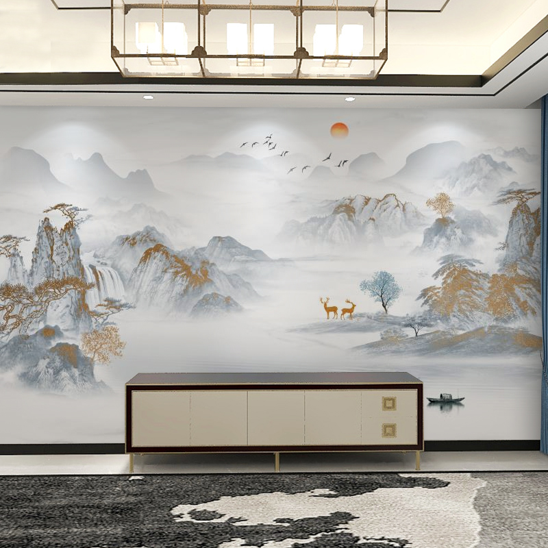 新中式意境山水背景墙布客厅茶室装饰壁画水墨国画卧室床头壁布