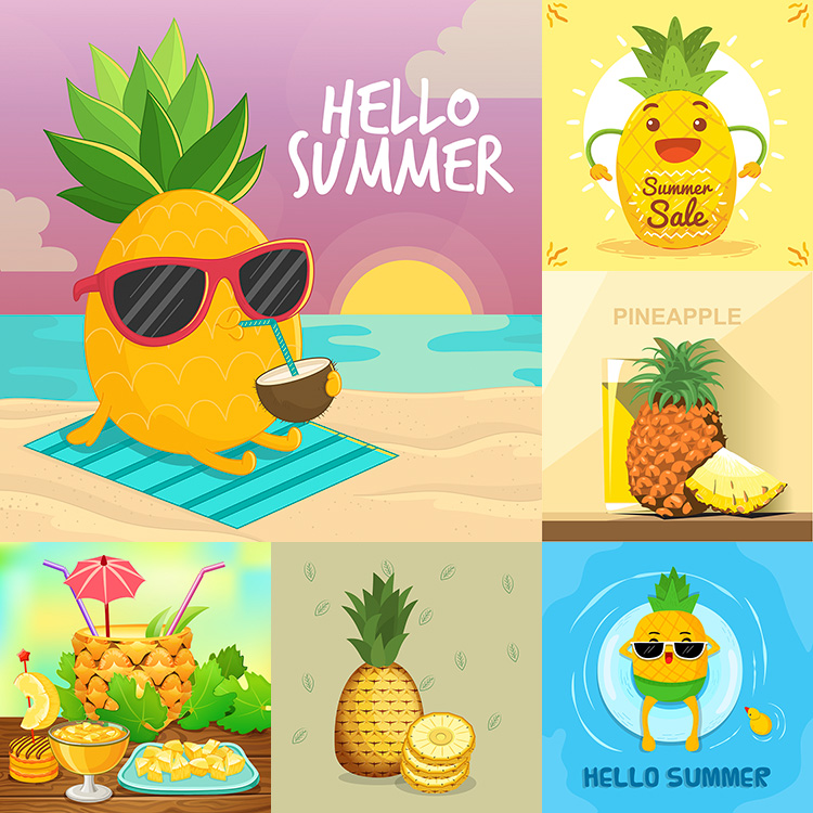 菠萝插画 卡通凤梨夏季热带水果海报背景 AI格式矢量设计素材