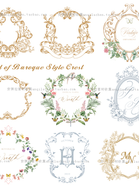 复古Vintage手绘洛可可欧式花纹边框婚礼logo矢量eps设计素材