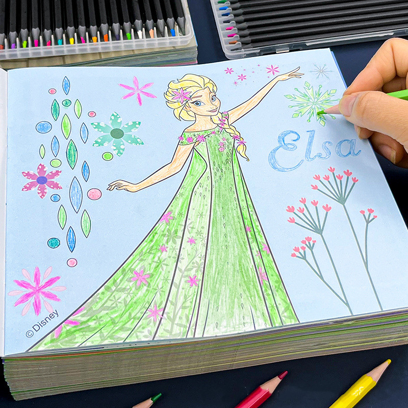 迪士尼冰雪奇缘画画本儿童手绘女孩简笔画艾莎公主涂色绘画册填色