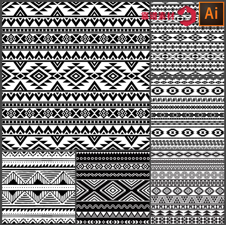 黑白线条传统纹样民族风花边服饰地毯等印花图案AI矢量设计素材