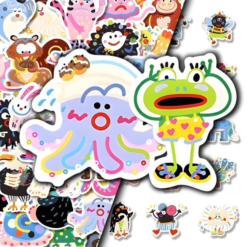 100张卡通可爱涂鸦动物贴纸儿童趣味彩色简笔画diy笔记本手机防水