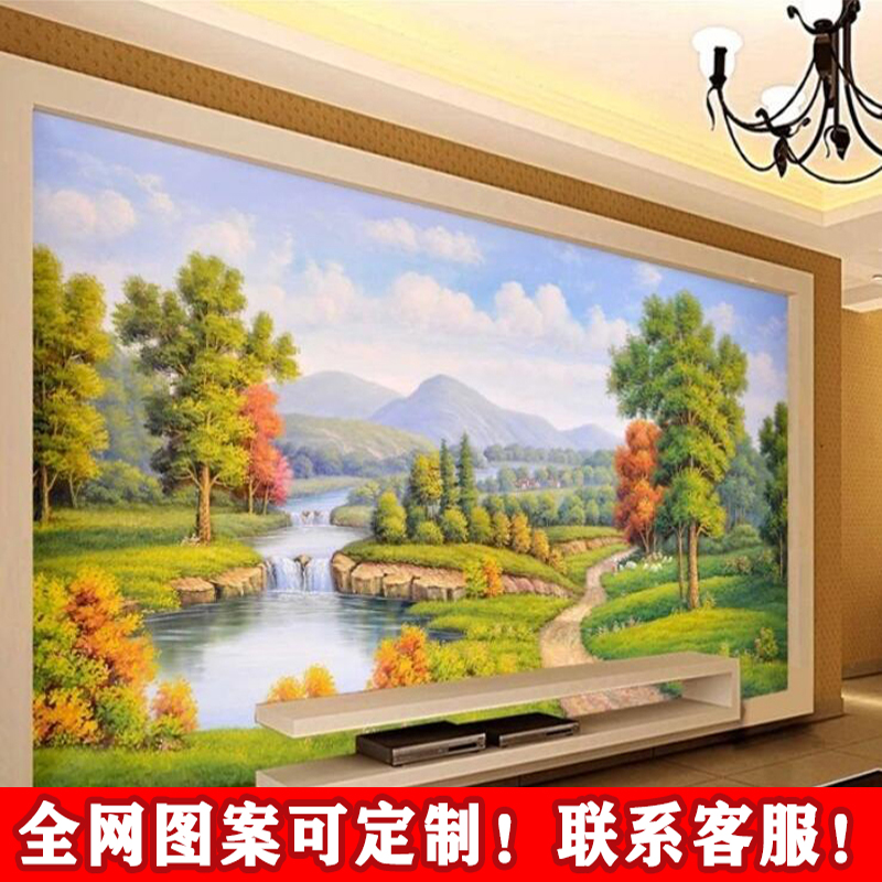 油画山水小河艺术壁纸客厅沙发装饰壁画手绘乡村田园风景背景墙布