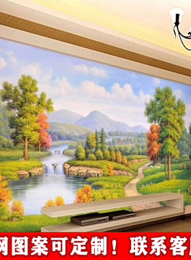 油画山水小河艺术壁纸客厅沙发装饰壁画手绘乡村田园风景背景墙布