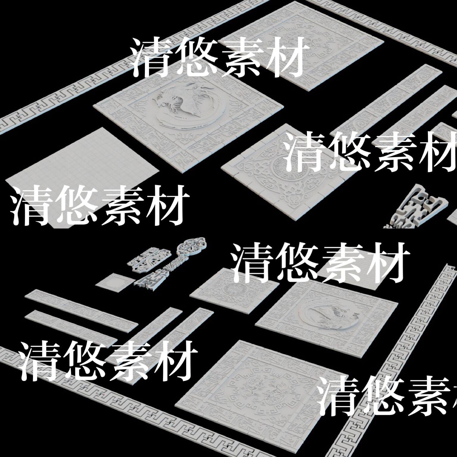 3dmax c4d fbx obj格式古风中式凤凰雕花地面花纹文件 非实物B137