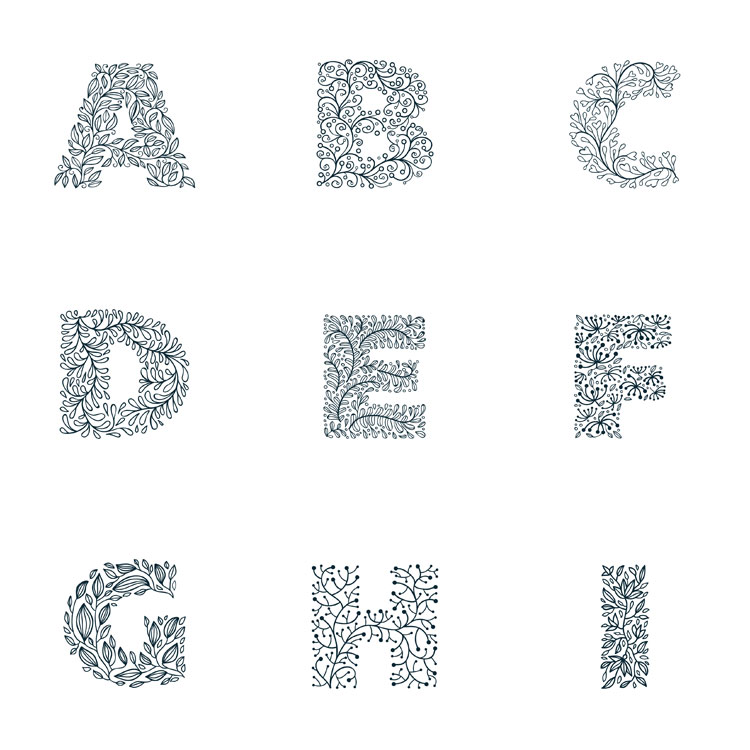 创意树叶花卉二十六个英文字母艺术字logo参考插画矢量AI设计素材
