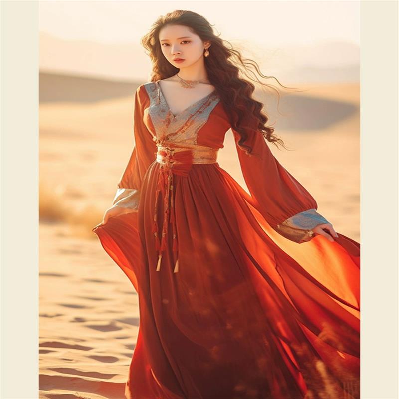 民族风异域风长裙沙漠旅游拍照好看的红色连衣裙子女夏季波西米亚
