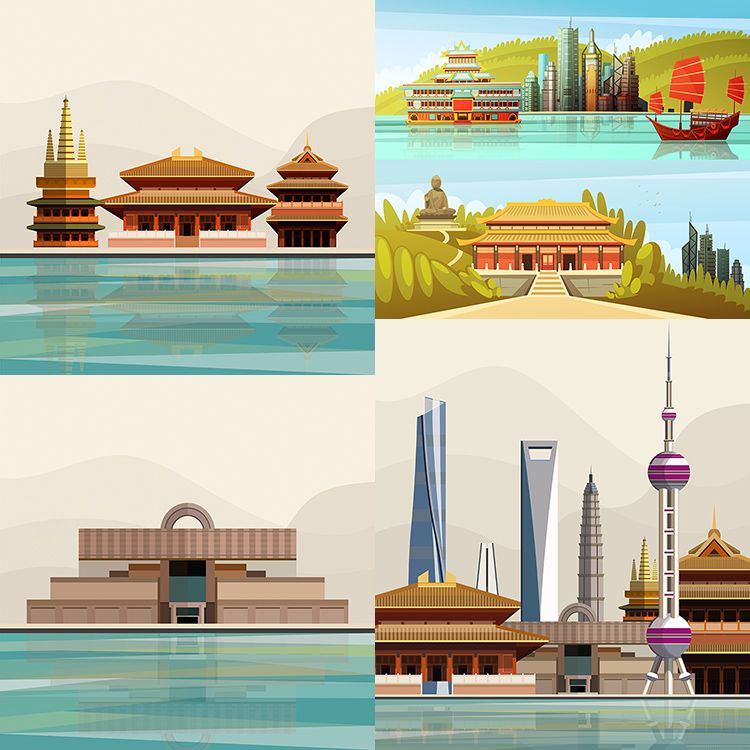 中国风建筑AI矢量图案 中国传统古楼 上海城市建筑海报 设计素材