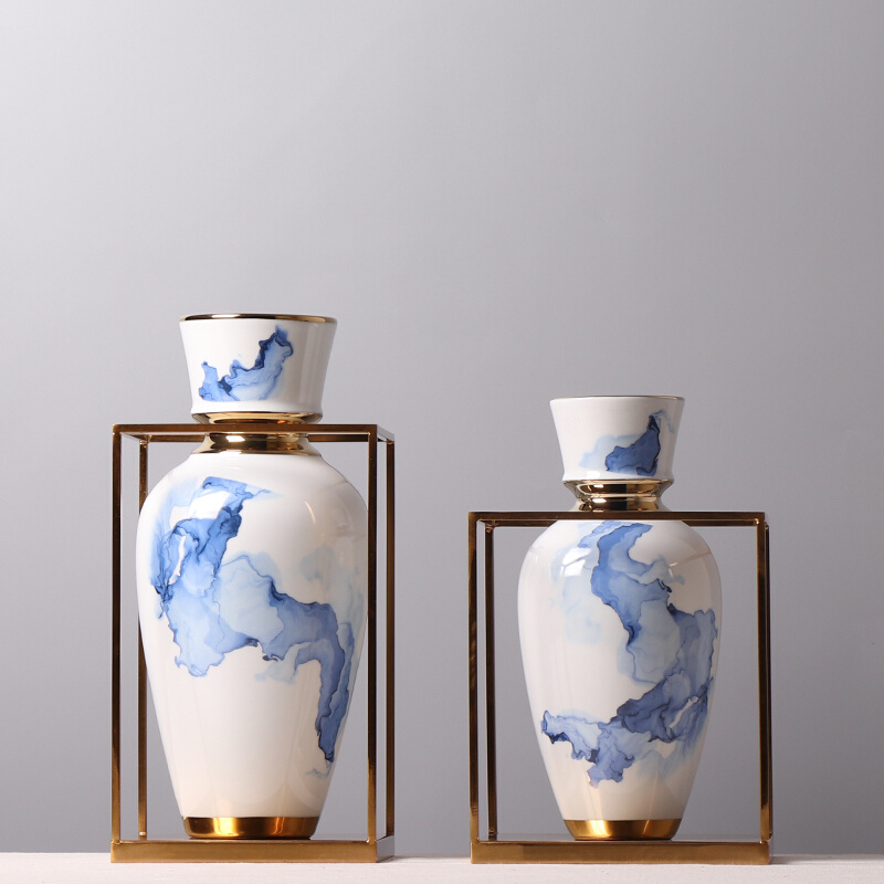 新中式格调青花瓷流图案花瓶高温陶瓷客厅插花茶几装饰品摆件