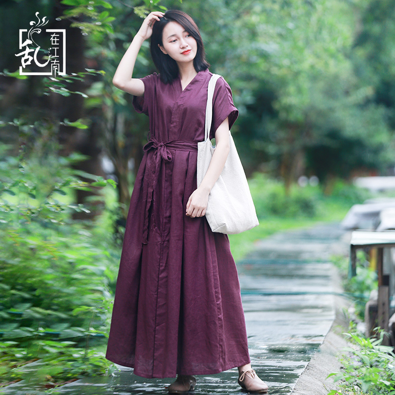 紫色连衣裙系带复古亚麻长款气质高腰大摆裙宽松春季长袖大码长裙