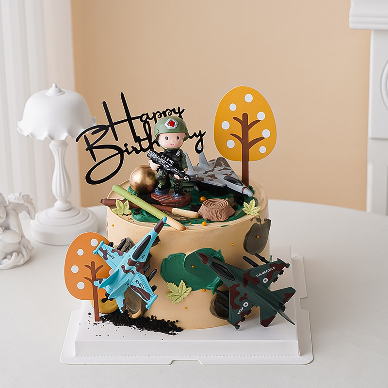 儿童生日英雄特种兵蛋糕装饰飞机战斗机飞行员烘焙摆件树木插件