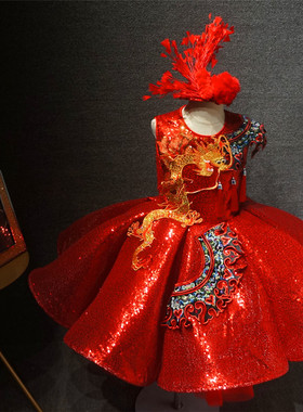 儿童礼服短款红色蓬蓬裙女童新年中国风龙春晚主持走秀表演演出服