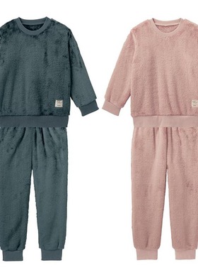 出口日本童装冬季儿童珊瑚绒保暖家居服套装男童女童加绒睡衣柔软