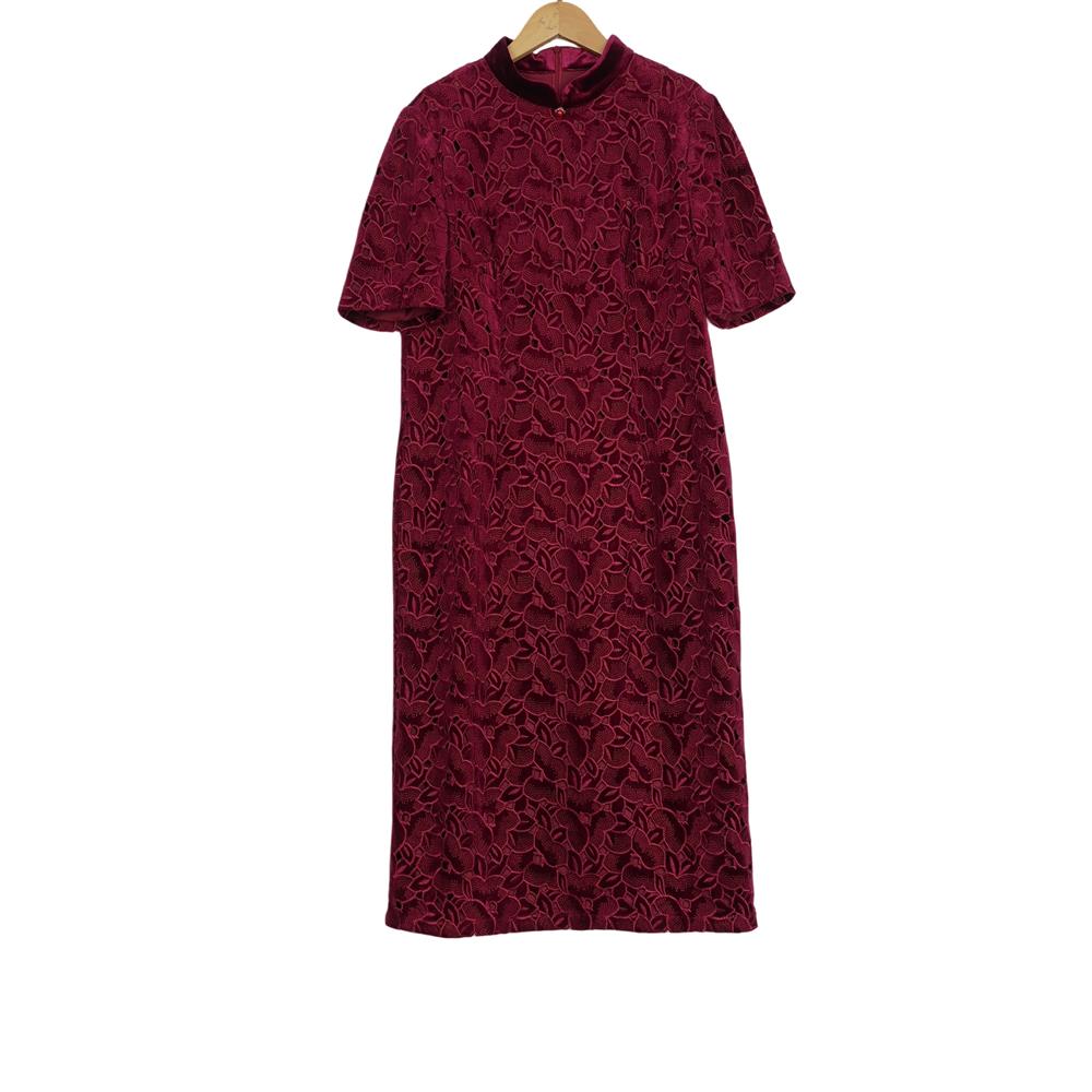 【六L】精选品牌女装高端时尚气质百搭酒红色连衣裙A1-17221