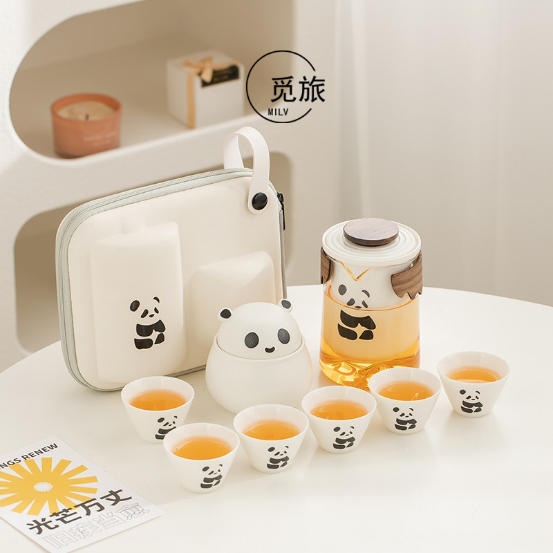 国潮熊猫旅行茶具便携式女士个人专用快客杯一壶三杯户外泡茶套装