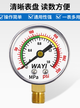 。y-40压力表轴向径向气压表小水压表微型卧式空压机地暖分水器配