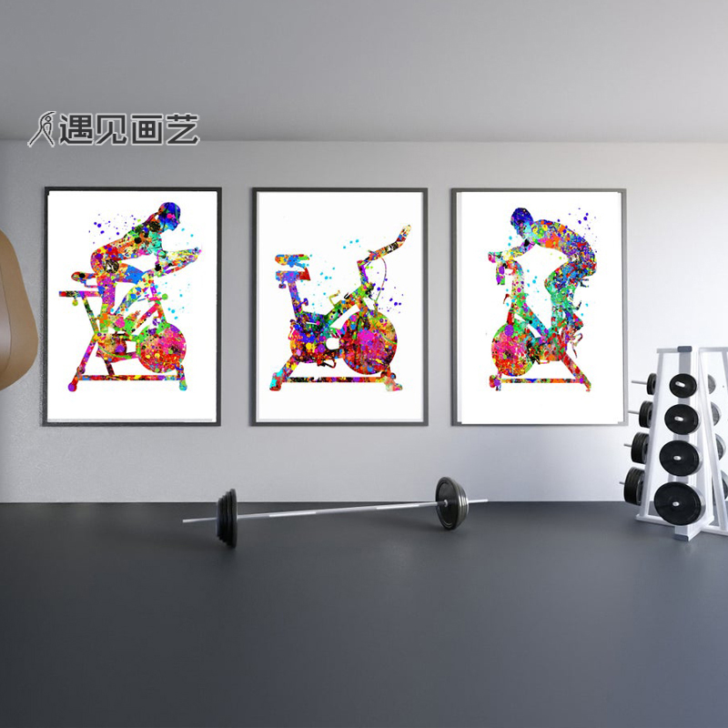 运动中心健身房彩绘动感单车背景墙挂画抽象装饰画俱乐部彩绘壁画