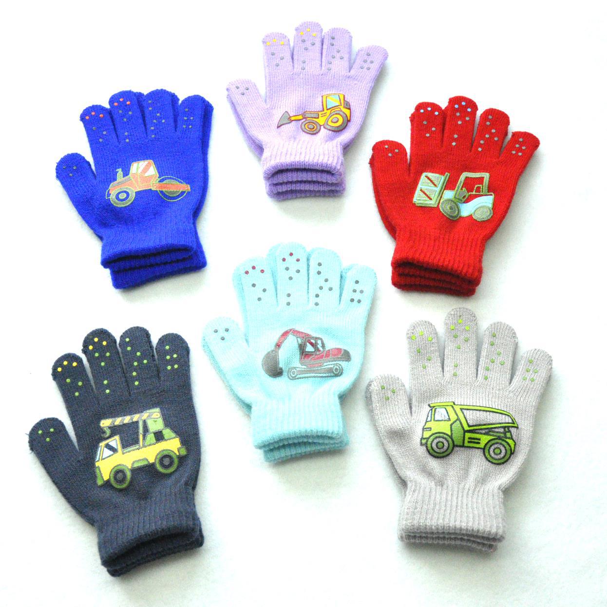 5-11岁儿童冬季防寒保暖 户外运动针织手套 小挖掘机图案印刷手套