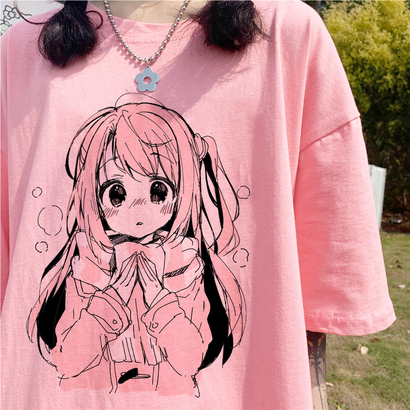 粉色短袖t恤女夏季日系二次元动漫卡通少女印花宽松半袖学生上衣
